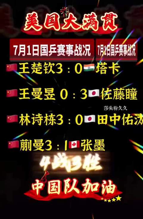 WTT美国大满贯7月1日单打赛事最新出炉