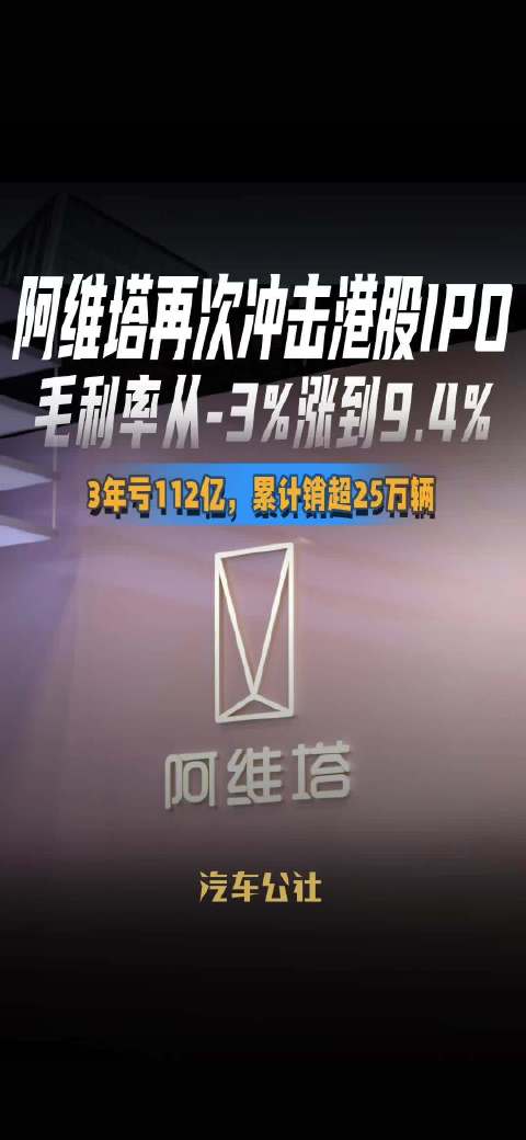 阿维塔再次冲击港股IPO 毛利率从-3%涨到9.4% 3年亏112亿，累计销超25万辆