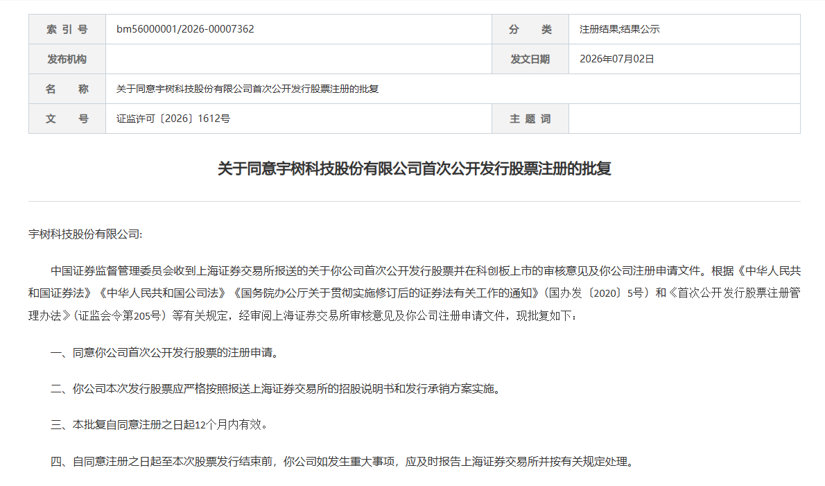 证监会同意宇树科技上交所科创板IPO注册