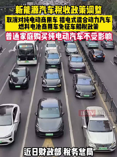 新能源汽车税收政策调整，取消对纯电动商用车、插电式混合动力汽车免征车船税