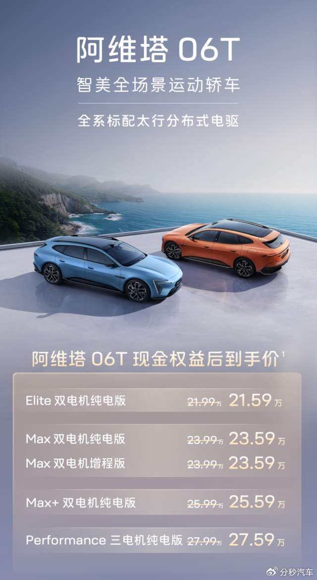 阿维塔06T上市21.59万起,纯电/增程可选,三电机版最快2.78秒
