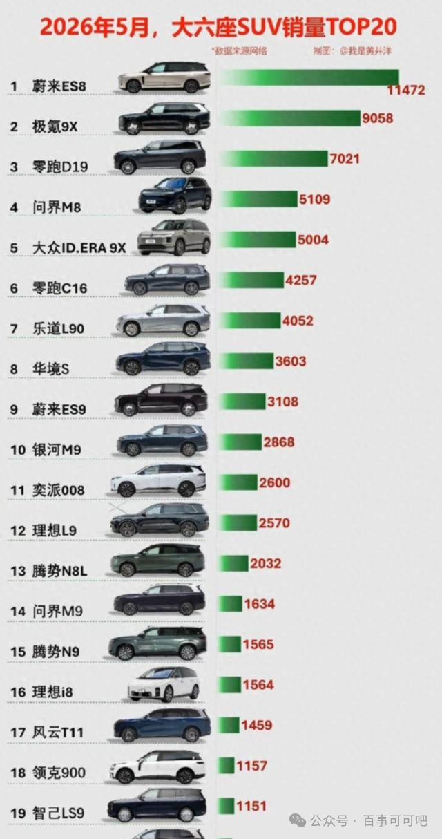 5月份大六座SUV销量排行榜,极氪9X第2,银河M9第10,大众ID前五