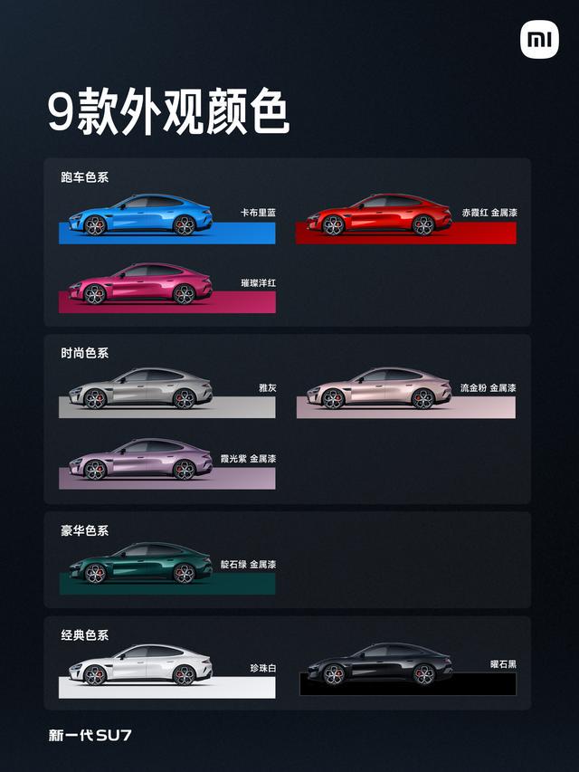 小米发布新一代SU7，包括4大色系9款外饰颜色