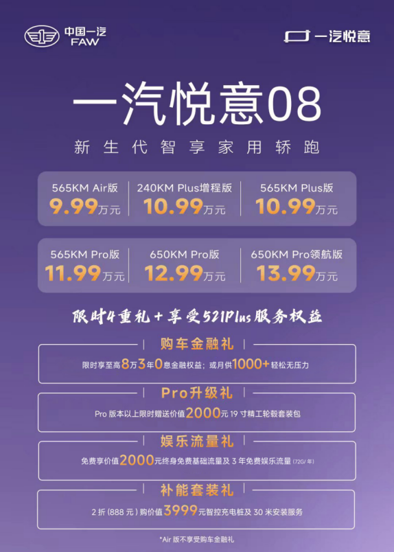 9.99万起!800V+华为智驾辅助,一汽悦意08真卷啊