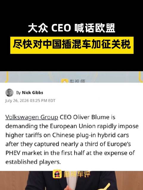 大众CEO公开敦促欧盟对中国插混加税
