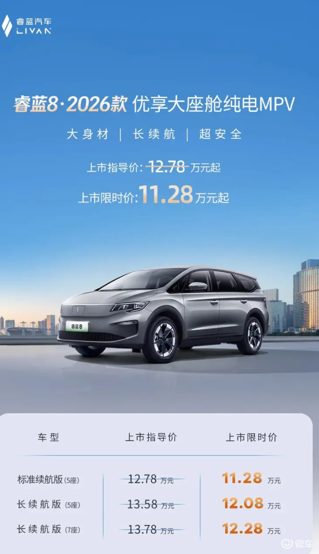 睿蓝 8 5/7 座任选，热泵空调 + 8 年质保太香
