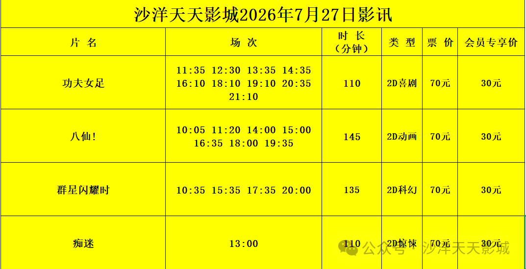 【今日影讯】2026年7月27日影讯！营业时间:10:00-23:30