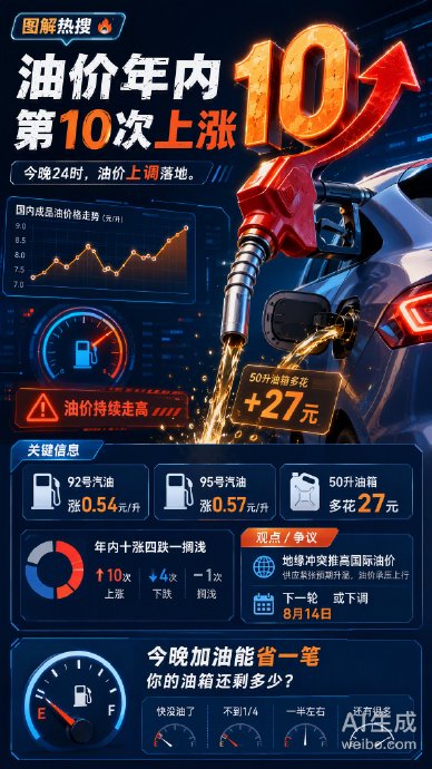 今晚24时油价上调！年内第十涨，加满多花27元