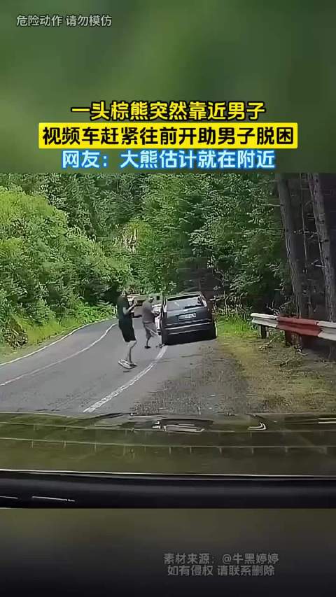 一头棕熊突然靠近男子，视频车赶紧往前开助男子脱困，网友：大熊估计就在附近