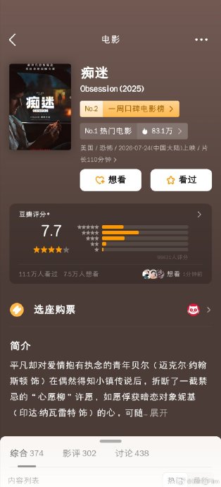 《痴迷》豆瓣7.7分！恐怖片口碑票房双爆