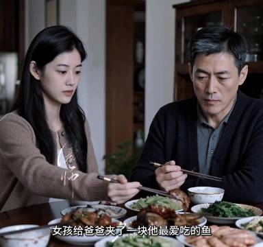 女孩给爸爸夹了一块他最爱吃的鱼
