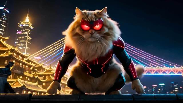 夜幕洪崖洞，橘猫英雄蛛丝极限救援