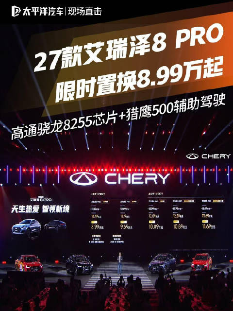 2027款艾瑞泽8 PRO限时置换价8.99万起！高通骁龙8255芯片+猎鹰500辅助驾驶
