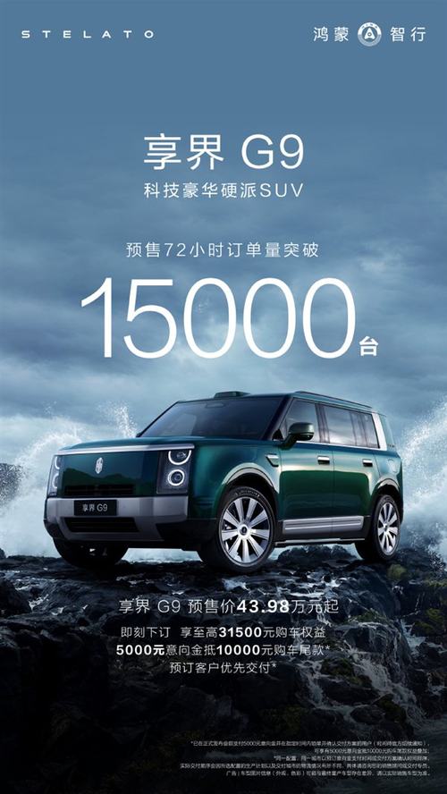 享界G9豪华硬派SUV预售72小时破1.5万台，「华为ADS 5+800V双动力」引爆市场