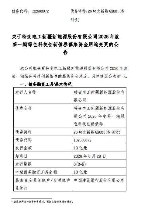 特变电工新能源拟变更10亿元绿色科创债资金用途 特变电工新能源拟变更10亿元绿色科创债资金用途