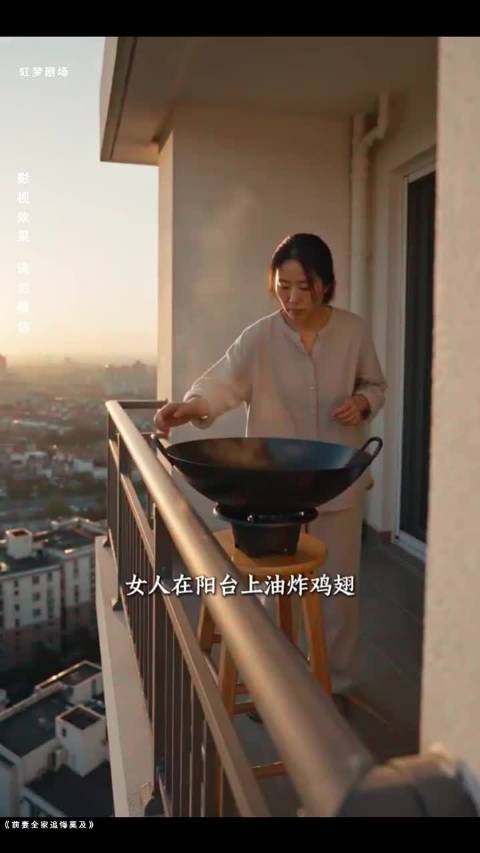 女人在阳台上油炸鸡翅怎料不小心把油锅碰倒