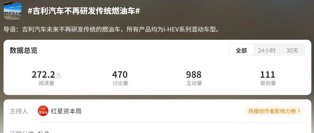 上热搜！吉利称将“不再研发传统燃油车”！