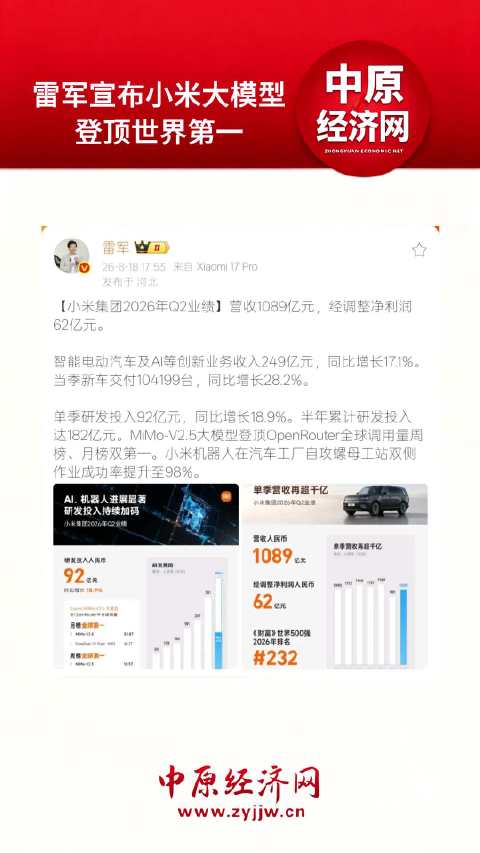 雷军宣布小米大模型登顶全球