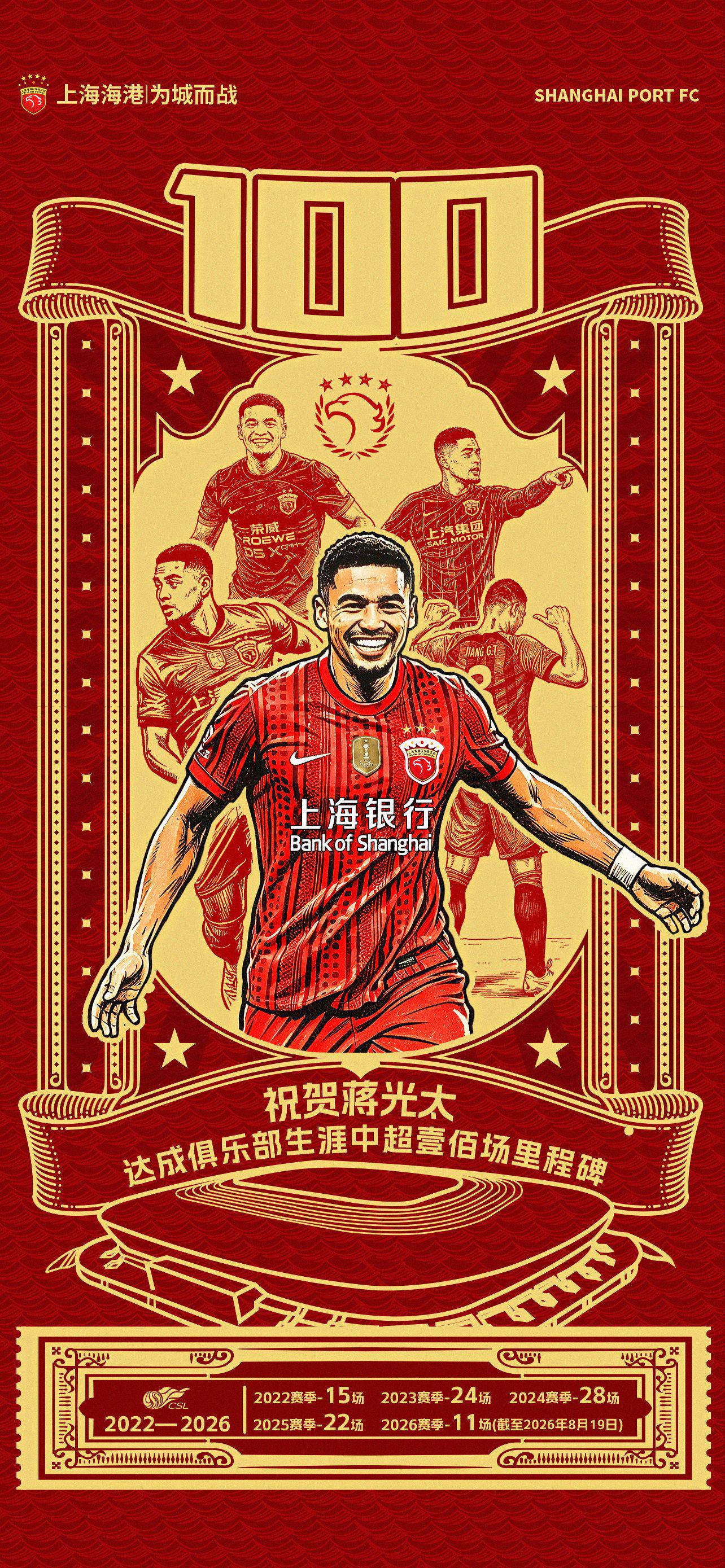 蒋光太迎中超百场里程碑，上海海港后防中坚再书新篇