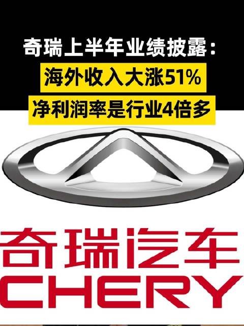 奇瑞上半年净利率达行业四倍，奇瑞海外收入增51%新能源增64%