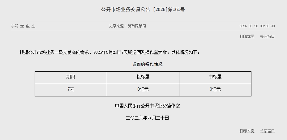 央行8月20日7天期逆回购操作量为零