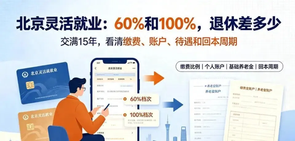 北京灵活就业缴费60%和100%区别：交满15年，每月养老金差多少？