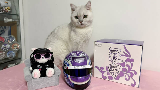 周冠宇展示26赛季1比2小头盔，与猫猫共赏