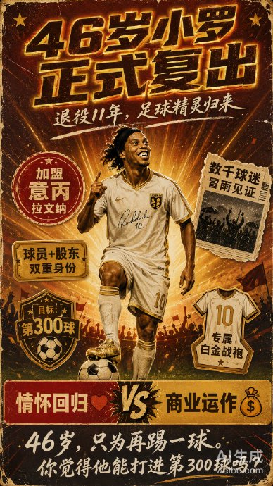 46岁小罗复出！加盟拉文纳冲击300球里程碑