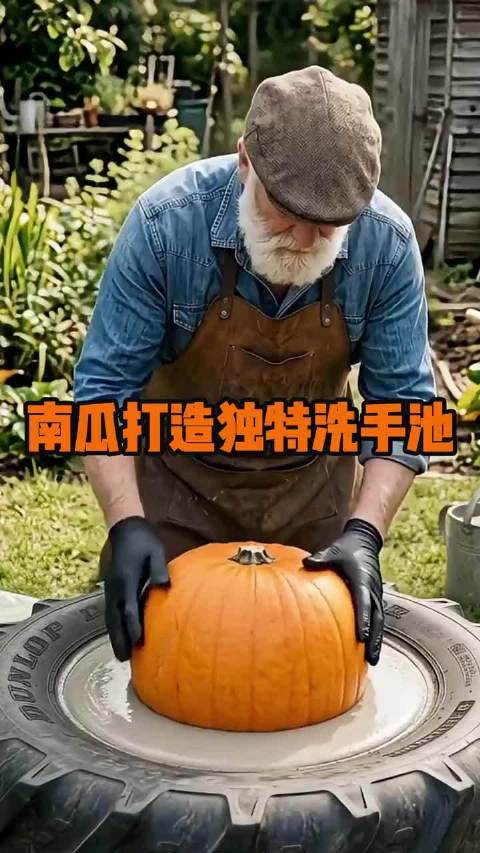 老大爷用拖拉机轮胎和南瓜打造独特洗手池