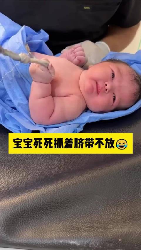 宝宝刚从妈妈肚子里抱出来，还习惯性地攥紧脐带，太可爱了