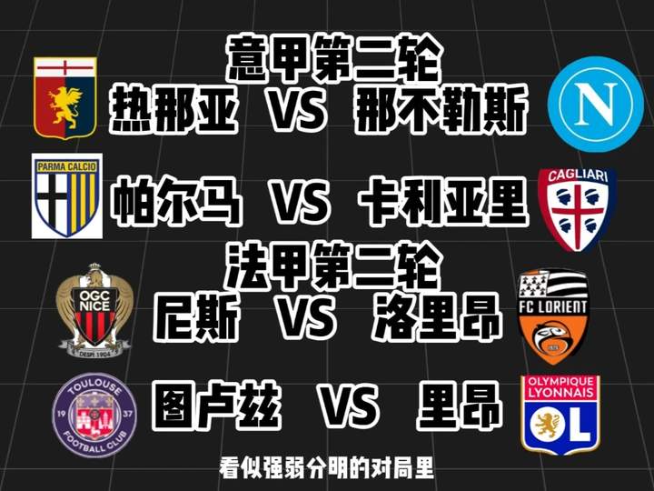 意甲第二轮   热内亚VS那不勒斯，帕尔马VS卡利亚里 法甲第二轮   图卢兹 vs 里昂、尼斯 vs 洛里昂
