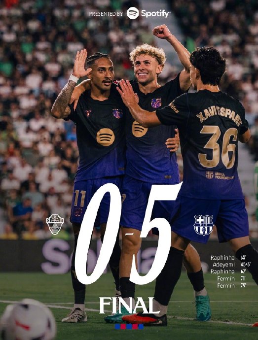 巴萨5-0横扫埃尔切，新援戈登7分钟两助攻创纪录