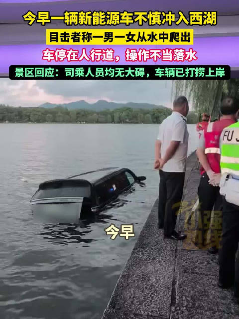 一新能源车清晨冲入杭州西湖