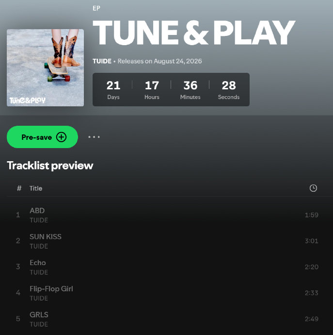 TUIDE出道迷你专辑《TUNE & PLAY》收录了哪些歌曲？