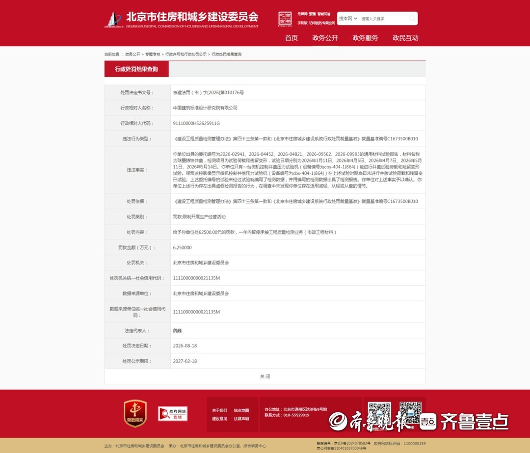 存在出具虚假检测报告的行为,中国建筑标准设计研究院被行政处罚 存在出具虚假检测报告的行为,中国建筑标准设计研究院被行政处罚