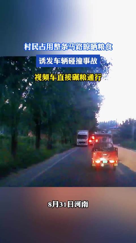 村民占用整条马路晾晒粮食，诱发车辆碰撞事故，视频车直接碾粮通行