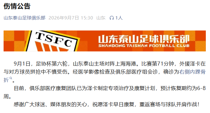 泰山队发布伤情公告：外援泽卡右侧内踝骨折，预计恢复期约为6-8周