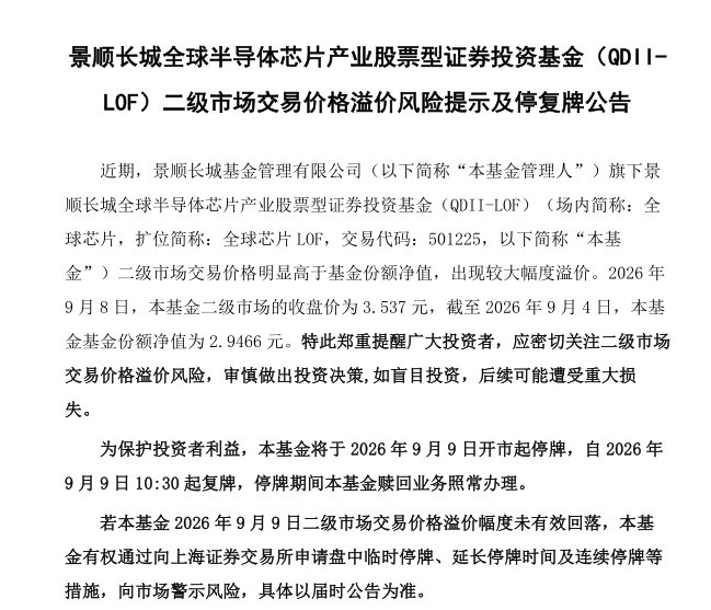 全球芯片LOF二级市场交易价大幅溢价，9日将停牌1小时