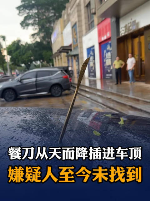 广东百万豪车顶被天降餐刀插穿
