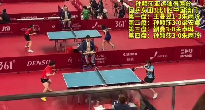 2026名古屋亚运会乒乓球女团小组赛，国乒女团3比1击败中国澳门女团…