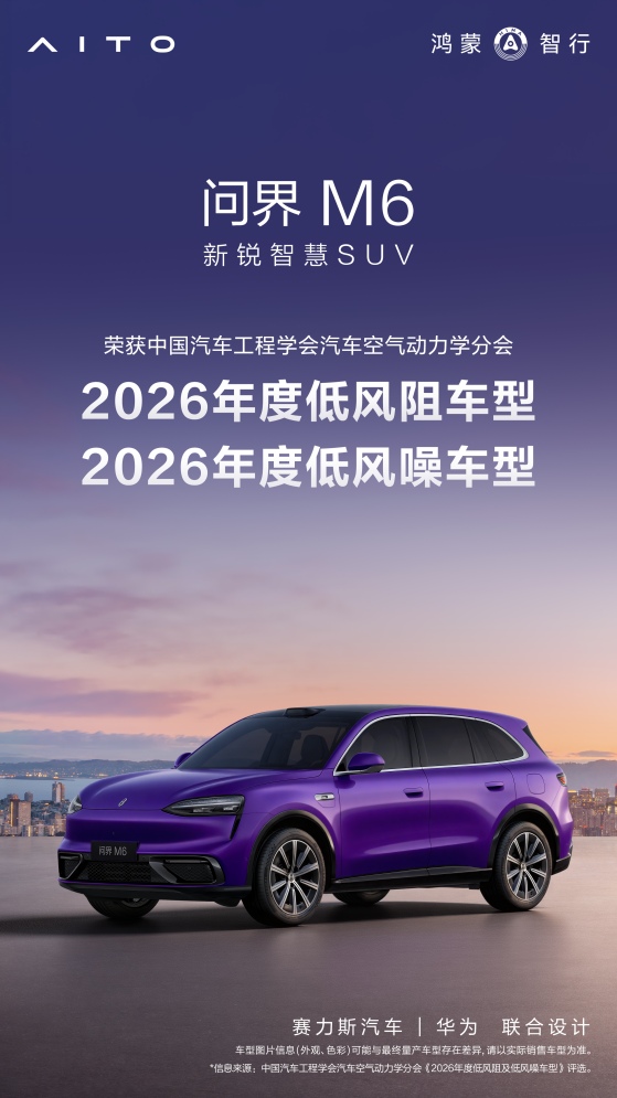问界M6上榜中国汽研“年度低风阻+低风噪车型”