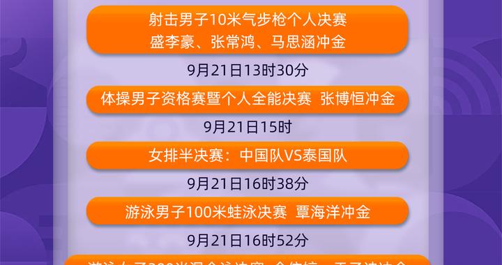 亚运9月21日看点｜张博恒、覃海洋、余依婷、于子迪冲金
