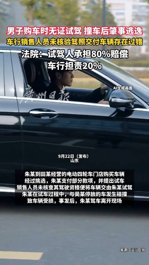 男子购车无证试驾撞车后逃逸门店被判担责20%