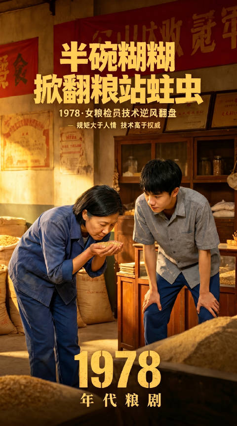 短剧·1978，半碗糊糊掀翻粮站蛀虫-第18集-1978 年秋，清河粮站三号仓漏雨返潮，粮检员沈秋禾连夜带人抢救数千斤潮
