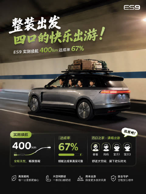 一家四口满载出游，ES9 实测续航 400km，达成率 67%