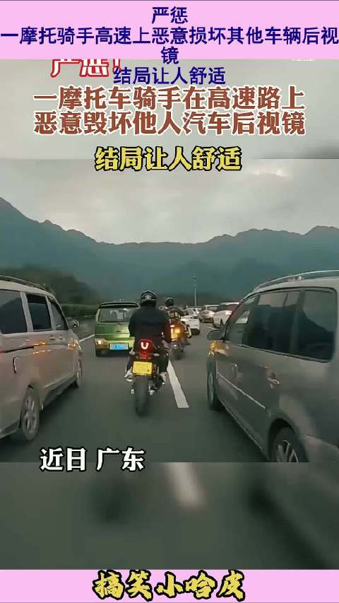 严惩！一摩托骑手高速上恶意损坏其他车辆后视镜，结局让人舒适， ···