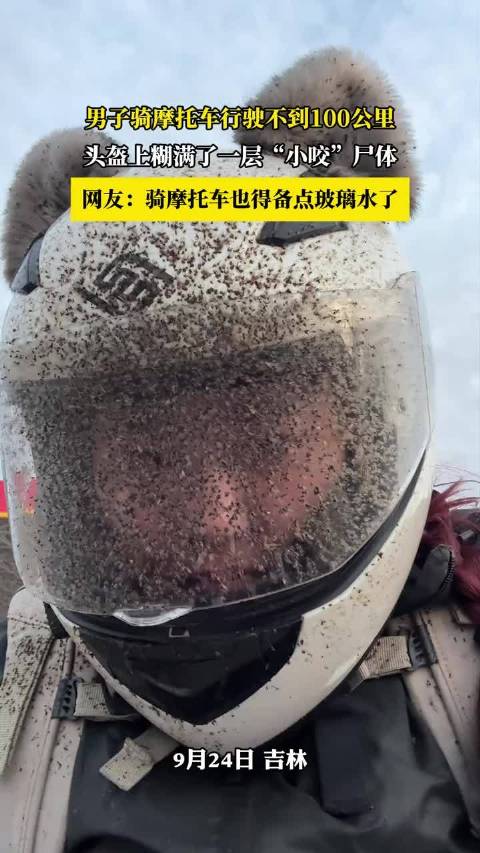 男子骑摩托不足百公里，头盔糊满小咬尸体