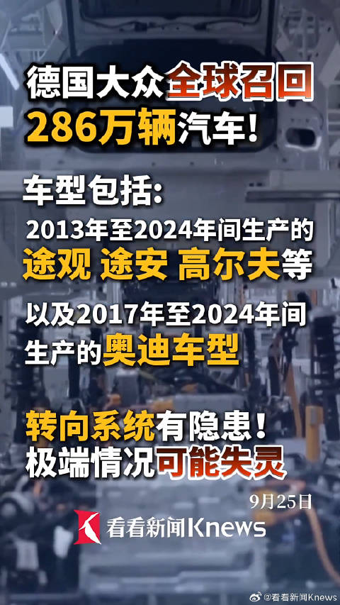 大众将全球召回286万辆汽车大众奥迪因转向隐患召回