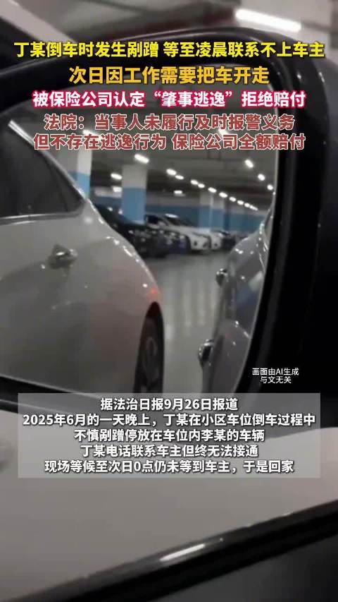 剐蹭后等不到车主次日离场保险拒赔法院判决：不属于肇事逃逸，保险公司须全额赔付