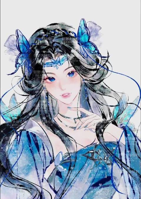翩翩蓝蝶指尖绕，般若琉璃月华来，小汤圆很美味约稿，狂野大锤 老师绘制…